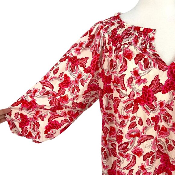 Rose + Olive Floral Smocked Puff Sleeve Blouse Red Pink Ivory Size Large - Picture 4 of 12